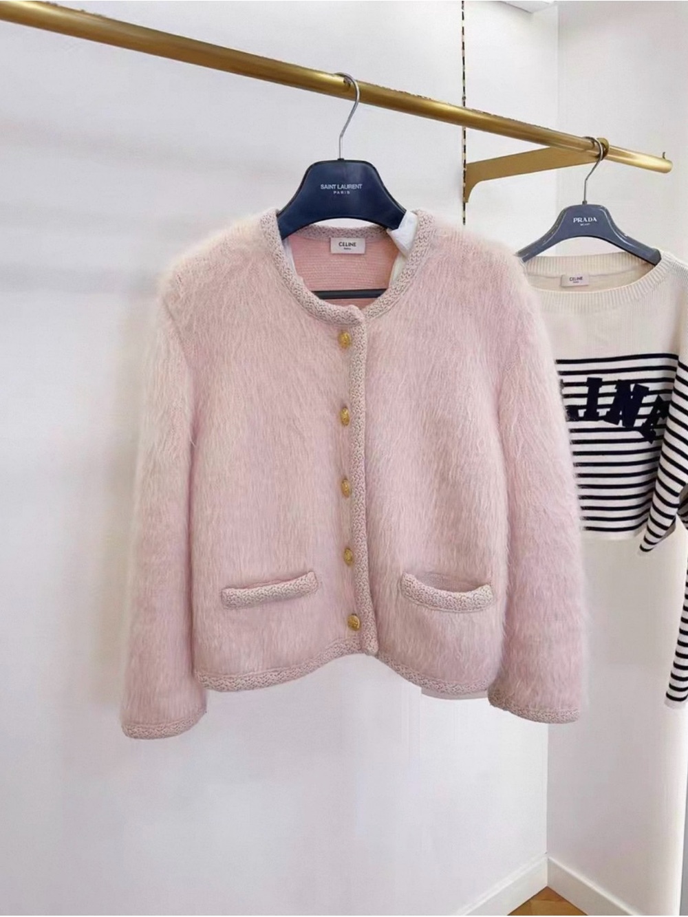 Celine Pale Pink Fuzzy Button-Front Teddy Jacket
